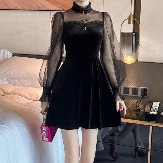 ZYHT 80381 New Long Sleeve Dress Women High Waist Line Lace Velvet Dress Women Unique Fashion Party Elegant Dress