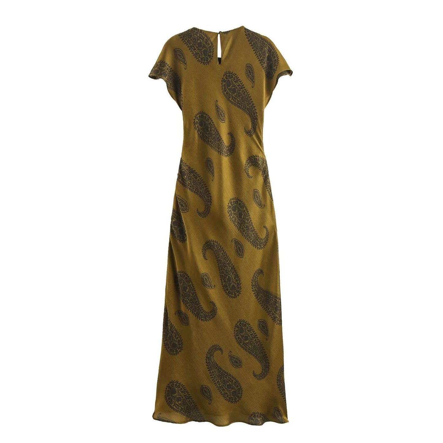 TAOP & ZA Women's 2024 Autumn New Round Neck Short Sleeve Knotted Print Satin Texture Midi Dress 8968191
