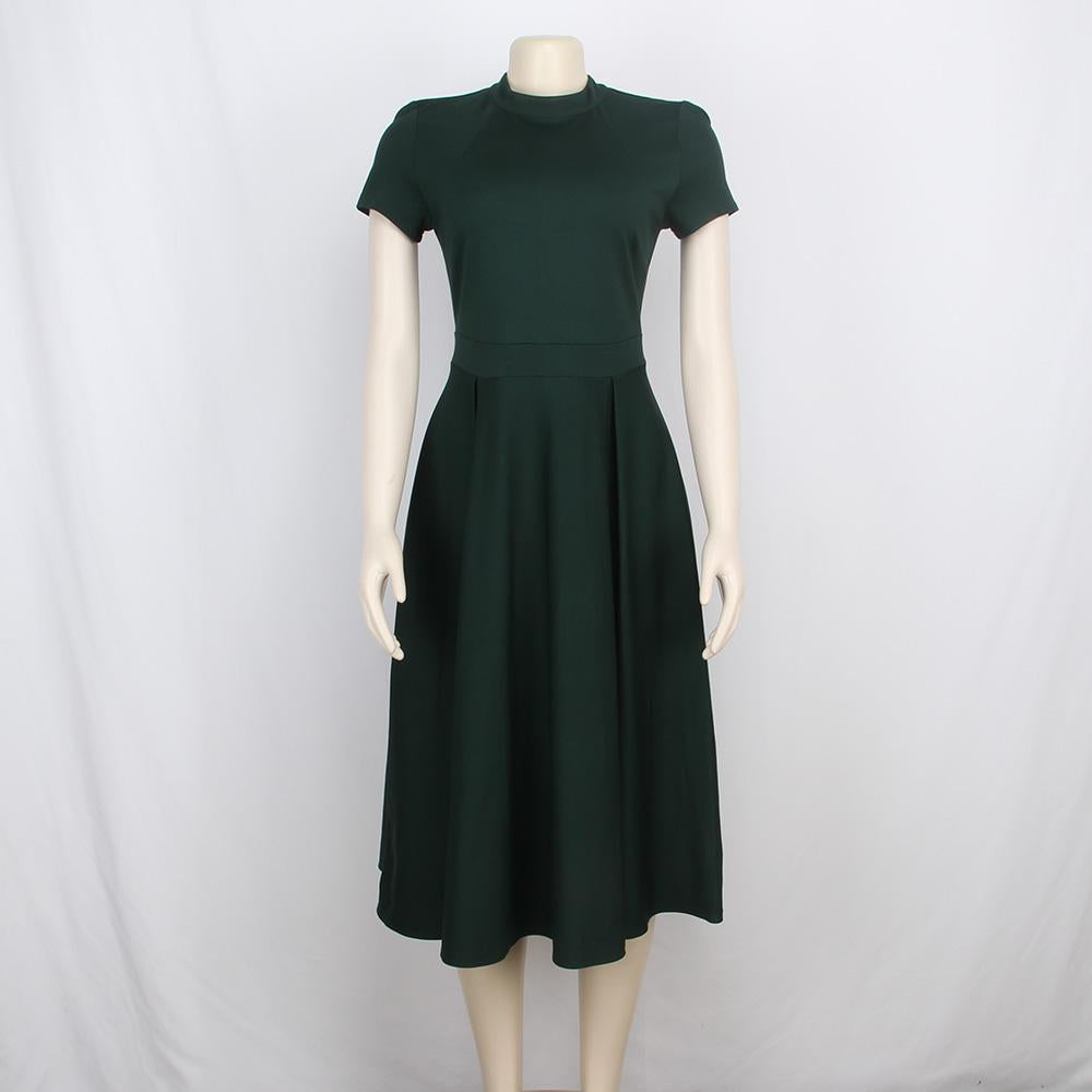 Wholesale High Quality Elegant Dress Short Sleeve O Collar Solid Casual Dress Women Pleated Skirt