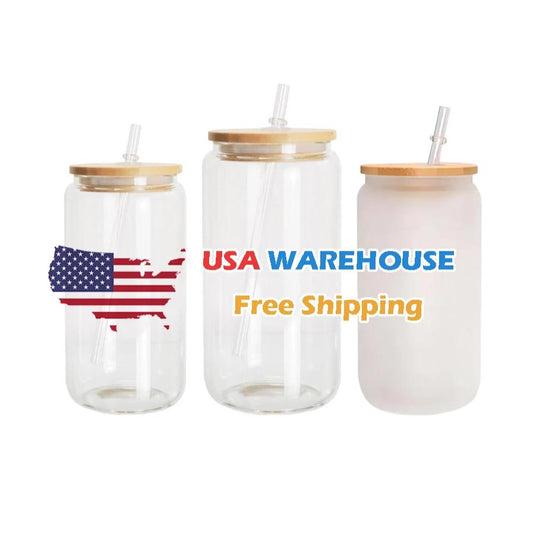 US Warehouse Stock 12 Oz 16 Oz Clear Frosted Sublimation Blank Glass Mason Can Beer Can Glass With Bamboo Lid And Straw