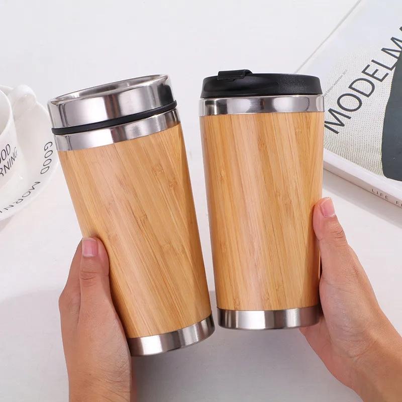 Custom Eco-friendly Double Wall Stainless Steel Bamboo Shell Coffee Cup With Lid And Handle Water Cup