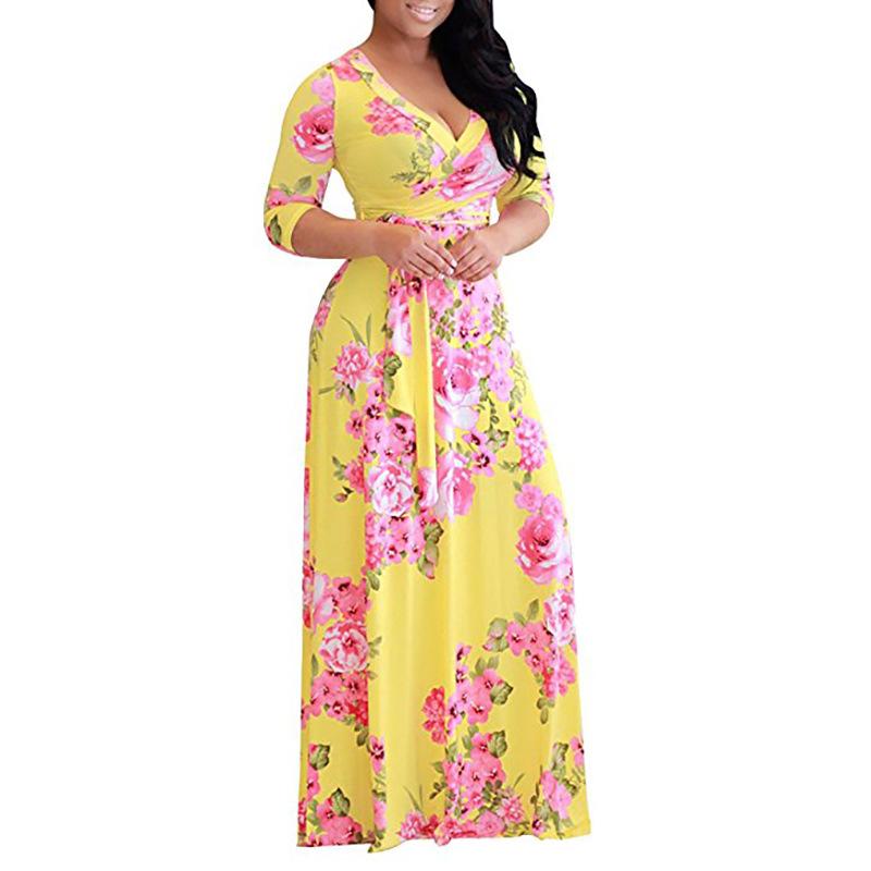 Women's S-5XL Plus Size Printed Long Sleeve Dress Crossover V-Neck Dress Maxi Long Casual Dress