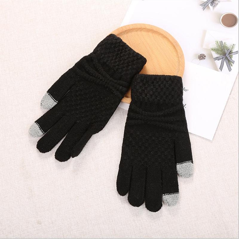 Solid Color Women Touch Screen Cotton Gloves Knitted Wool Gloves Fleece-lined Fleece-lined Thickened Cat Jacquard Gloves Wholesale