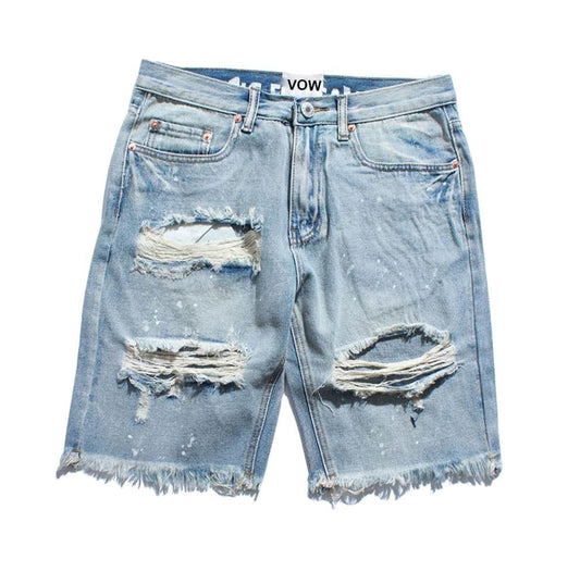 New Tear Damaged Old Denim Shorts Men's Hole Denim Shorts Blue Men's Hip Hop Fashion Casual Jeans Short