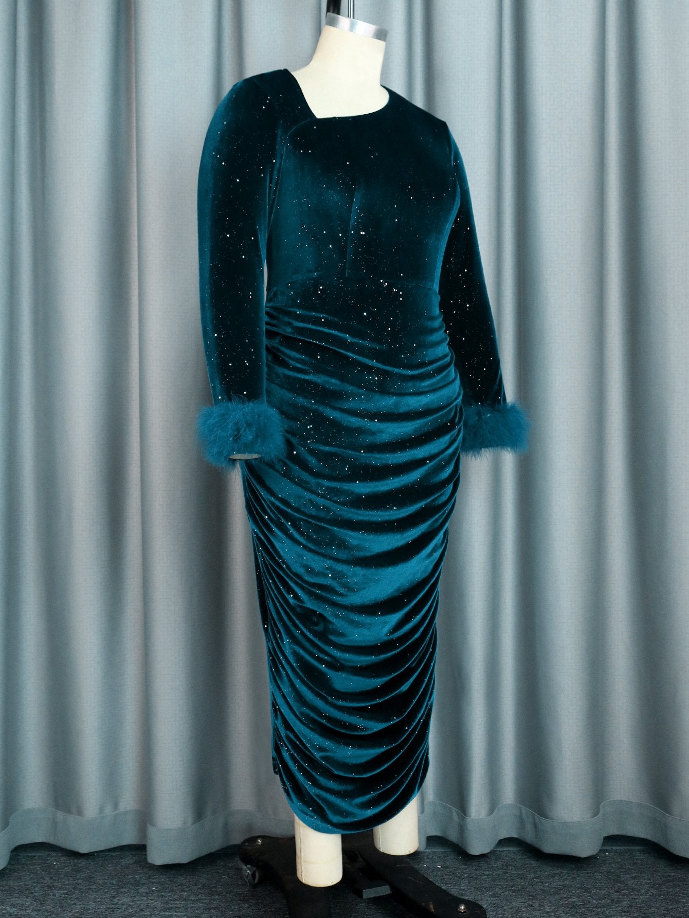 European And American Autumn And Winter Irregular Collar Shiny Dress Nightclub Ball Pleated Sexy High Waist Dress