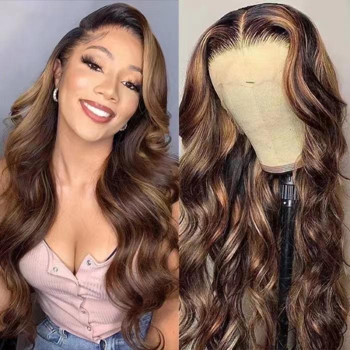 Piano Color 4x 4 Lace Front 20 Inch Black Women Wig 3 Bundles Suit Body Wave Virgin Hair Full Remy Hair