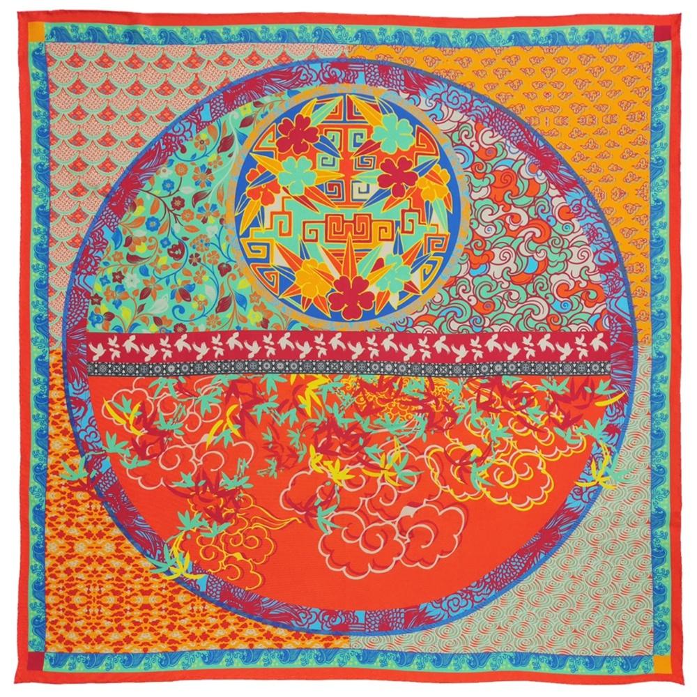 Chinese Traditional Elements Printed Custom Silk Scarf 90*90cm Square Mulberry Silk Scarf Custom Printed Silk Scarf
