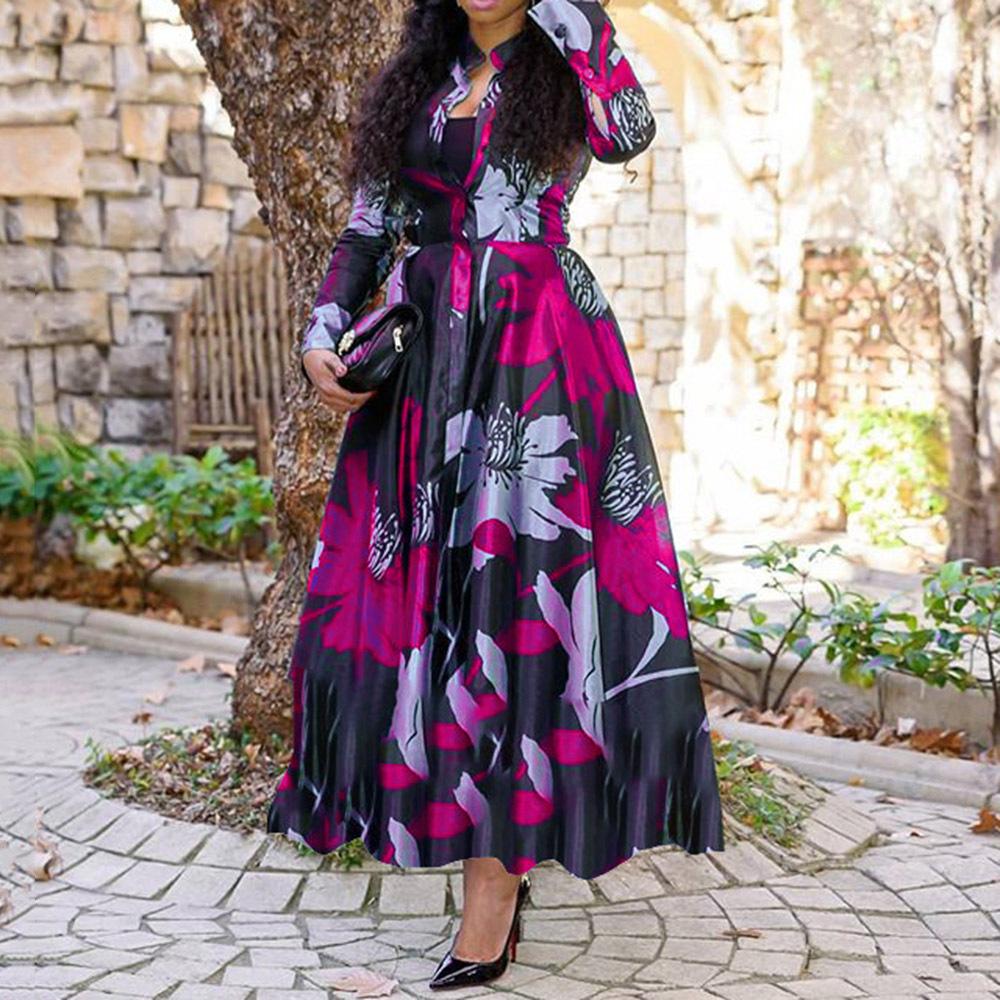 Spring Wholesale Women's Plus Size Dress Printed Long Sleeve Elegant Casual Dress Ruffled Maxi Dress