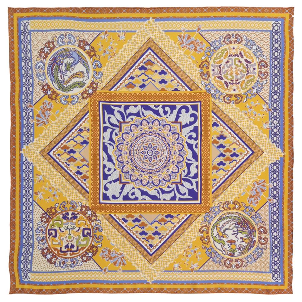 Chinese Traditional Elements Printed Custom Silk Scarf 90*90cm Square Mulberry Silk Scarf Custom Printed Silk Scarf