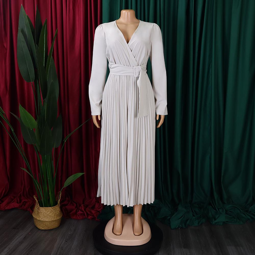 D419 Latest Design Ladies Office Dress Ladies Elegant Solid Color Long Sleeve Lace-up V-Neck Slim Pleated Skirt