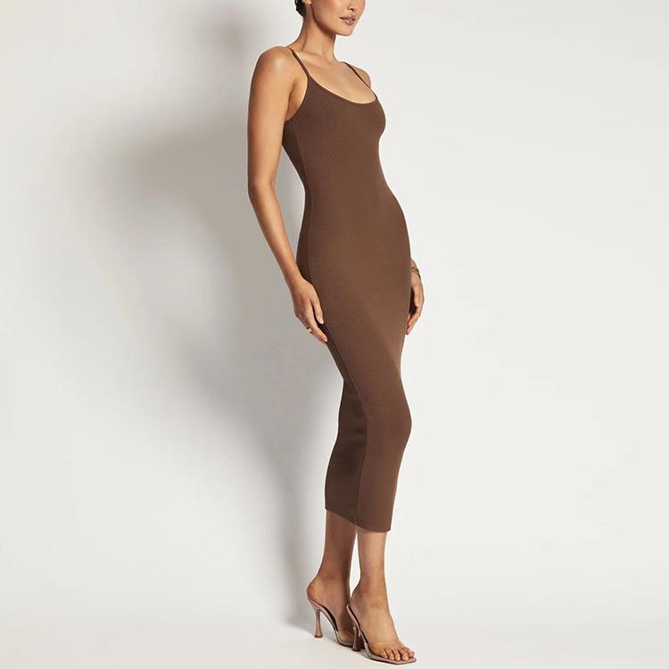 Knitwear Clothing Manufacturer Open Back Decorative Knitted MIDI Dress Rib Sweater Summer Knitted Dress Women