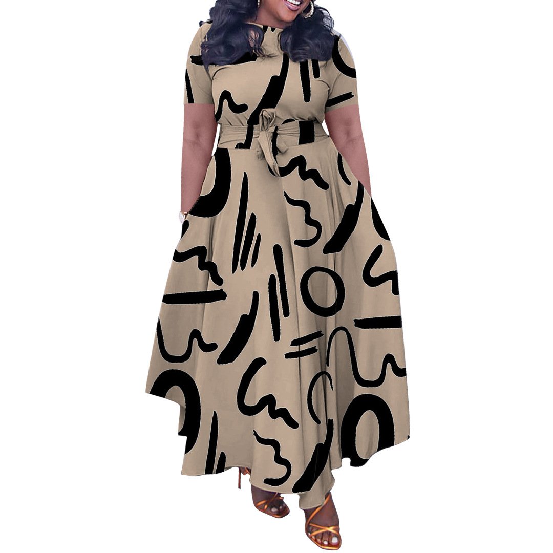 Plus Size Hot Sale New Digital Printing Dress Women Geometric Color Short Sleeve O Collar A Line Belt Casual Dress