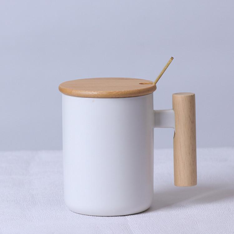 Hot Sale Gift Porcelain Cup, Bamboo Lid Ceramic Cup With Lid And Spoon, Wooden Handle Ceramic Coffee Cup