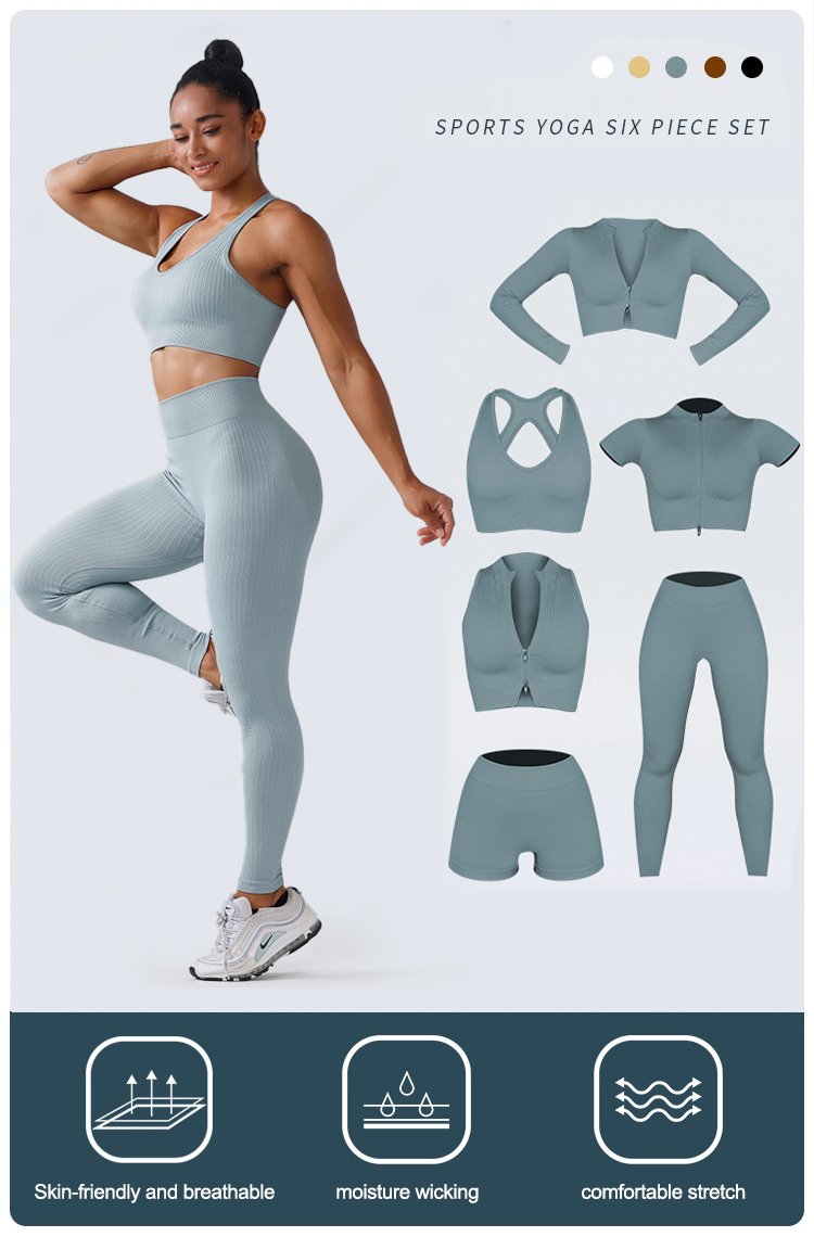 High Quality Rib Zipper 6-piece Set Active Wear Fitness Seamless Yoga Suit Sports Bra Leggings Women's Fitness Suit