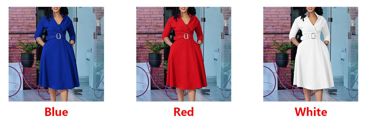 Elegant Women's Lapel Solid Color High Waist Maxi Business Casual Dress Half Formal Suit