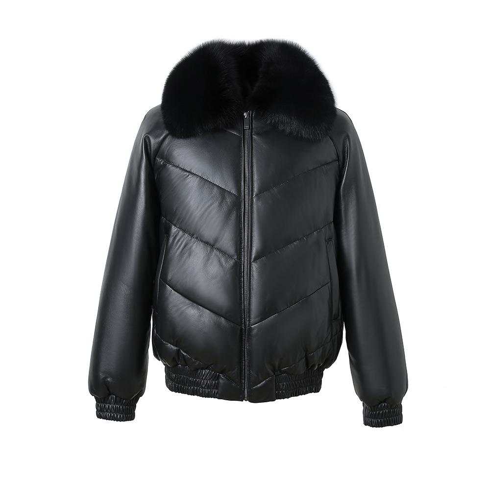 2021 Latest Men's High Custom Bomber Black Real Fox Fur Collar High Grade Duck Down With Black Real Sheepskin Jacket