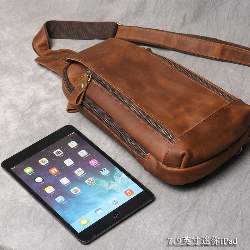 New Crazy Horse Show Leather Chest Bag Retro Genuine Leather Men's Bag Retro Casual Shoulder Bag Suitable For 7.9-inch IPad