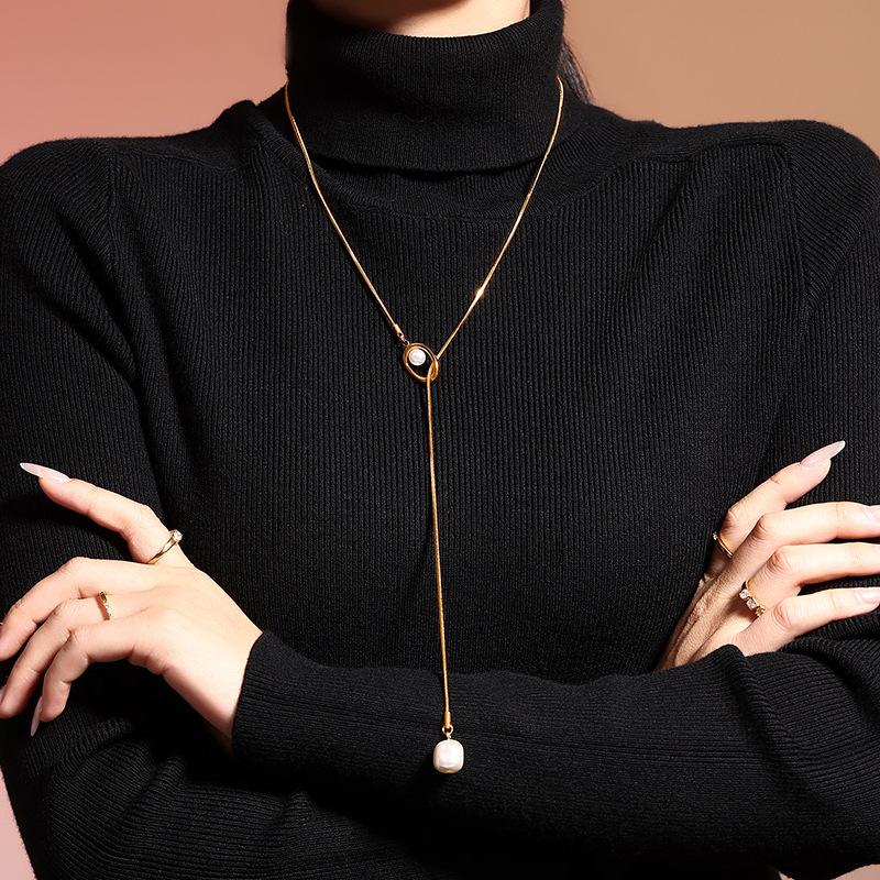 Stainless Steel Simple Long Tassel Pearl Initial Necklace Adjustable Chain Sweater Necklace Party Daily