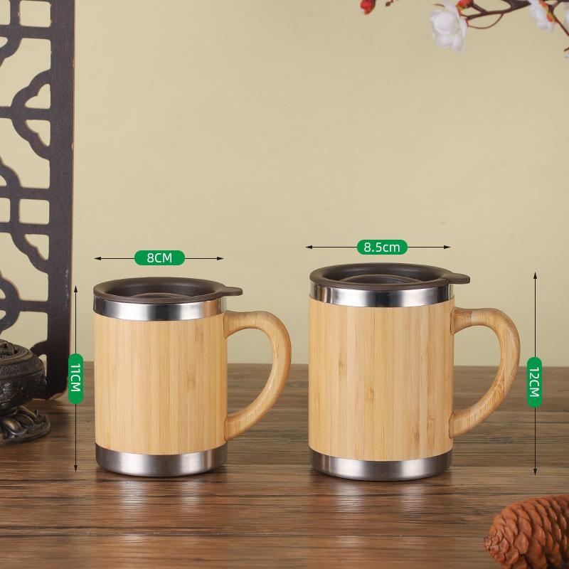 Custom Eco-friendly Double Wall Stainless Steel Bamboo Shell Coffee Cup With Lid And Handle Water Cup