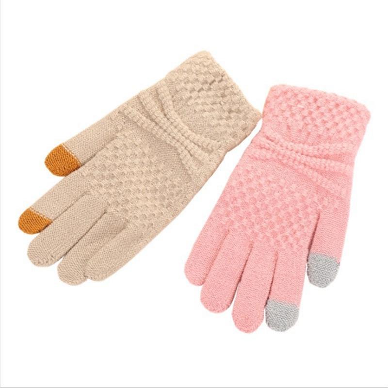 Solid Color Women Touch Screen Cotton Gloves Knitted Wool Gloves Fleece-lined Fleece-lined Thickened Cat Jacquard Gloves Wholesale