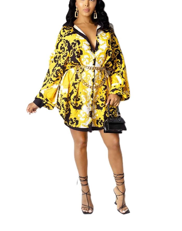 New Mature Women's Long Sleeve Casual Dress Fashion Women's Office Clothing Women's Chain Belt Printed Shirt Dress