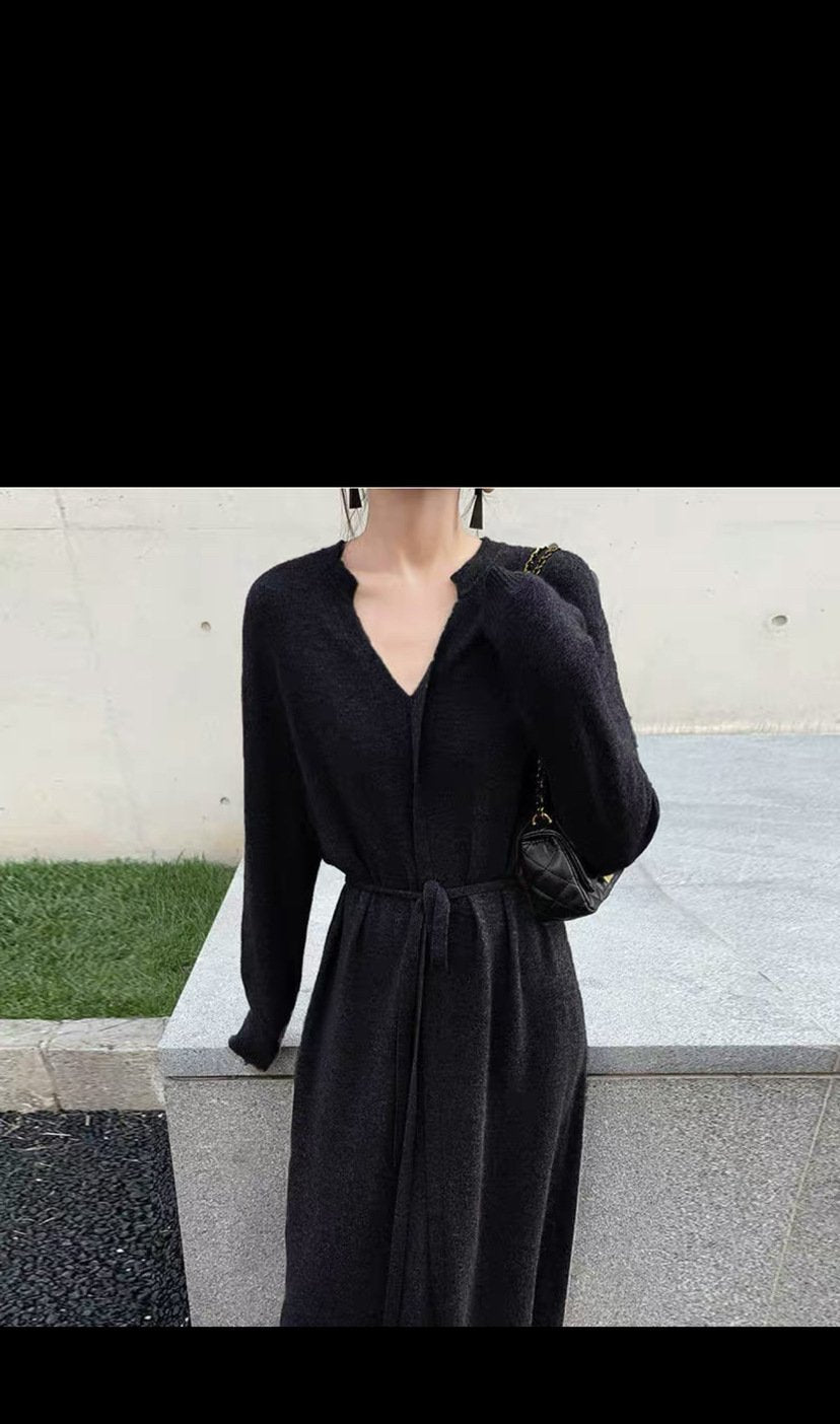 Wholesale 2021 Autumn New Fashion Simple Temperament Thin Solid Color Knee Drawstring Waist Knitted Dress