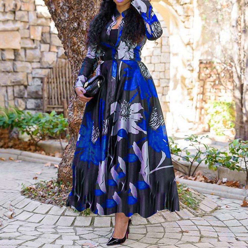 Spring Wholesale Women's Plus Size Dress Printed Long Sleeve Elegant Casual Dress Ruffled Maxi Dress