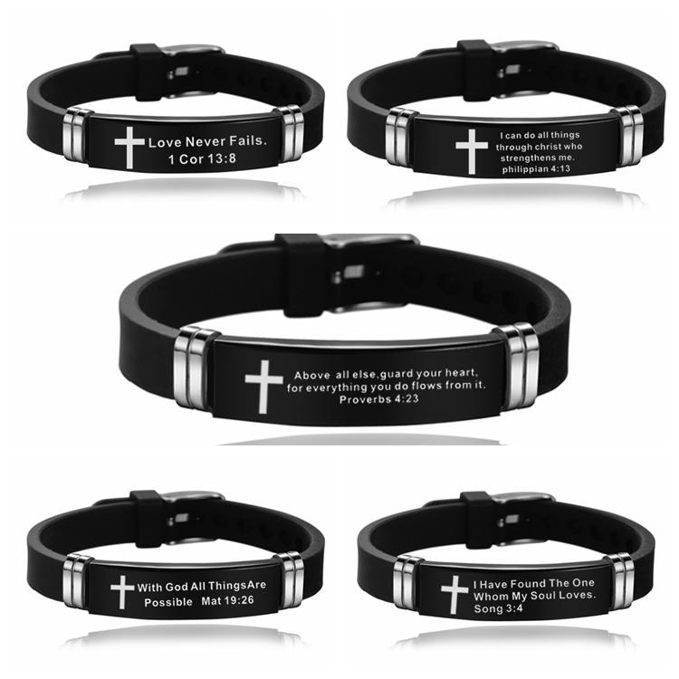 Promotional Gift Religious Silicone Bracelet Custom Fashion Accessories Stainless Steel Christian Bible Scripture Bracelet