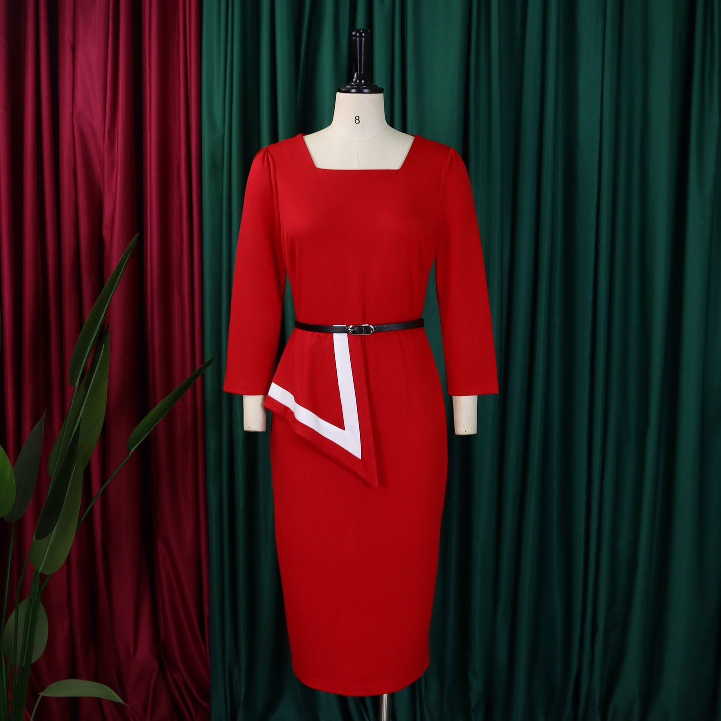 MG482 Fashion Elegant Ladies Office Dress Women Formal Work 3 Quarter Sleeve Square Collar Professional Dress Women Church Dress