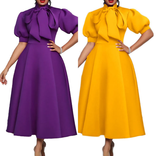 D235 Latest Design Summer Banquet Dress Women Elegant Solid Color Bow Short Sleeve Party Dress Evening Dress