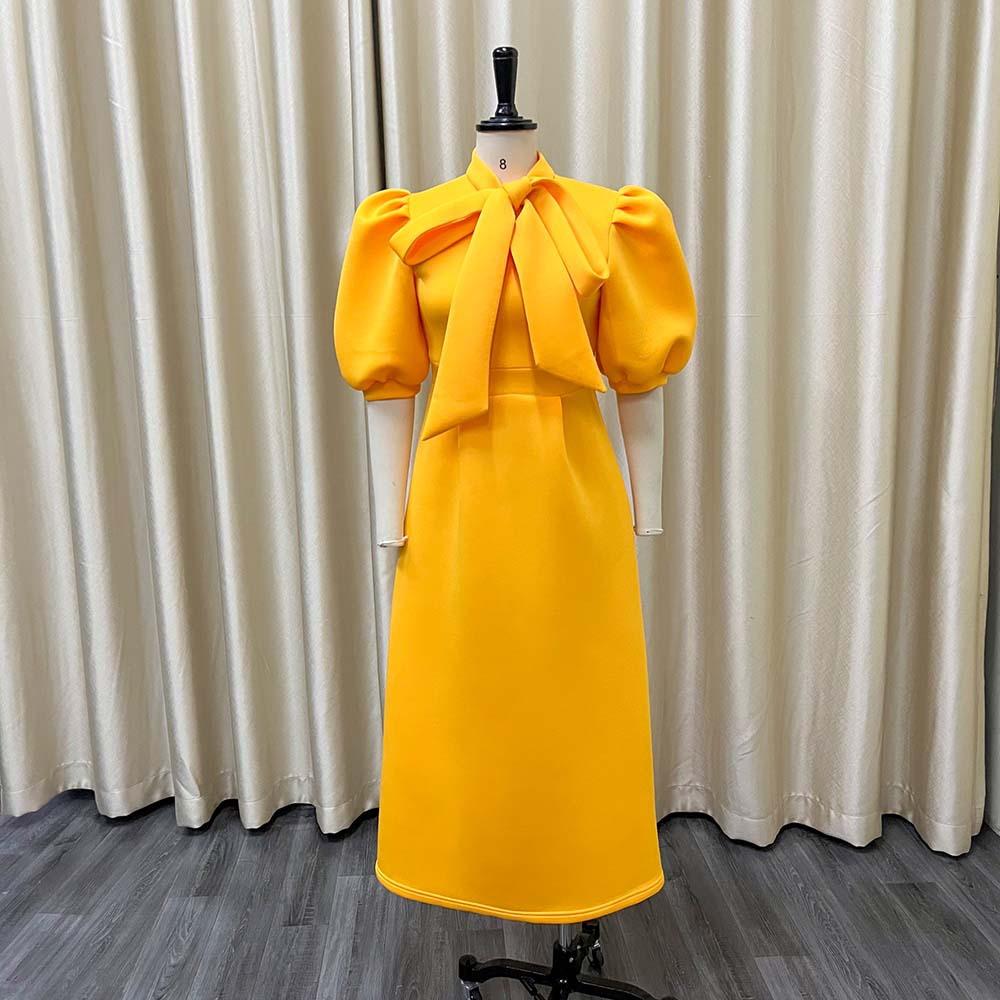 D235 Latest Design Summer Banquet Dress Women Elegant Solid Color Bow Short Sleeve Party Dress Evening Dress