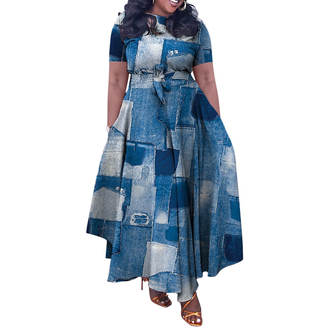 Plus Size Hot Sale New Digital Printing Dress Women Geometric Color Short Sleeve O Collar A Line Belt Casual Dress