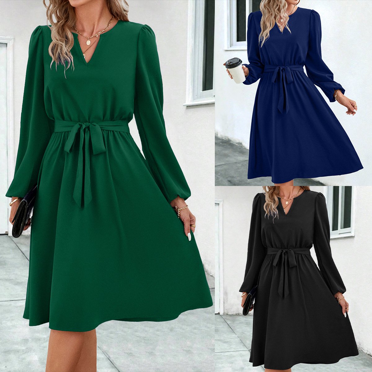 Women's 2025 Autumn And Winter New European And American Women's Long Sleeve Small V-neck Women's Skirt Dress