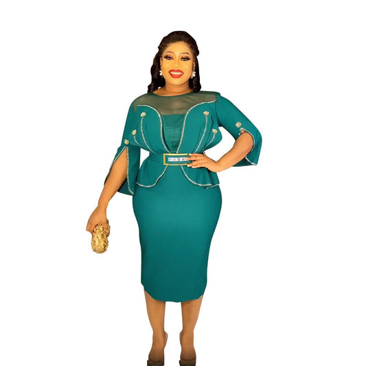 2023 African Mandarin Sleeve Dress Women Printed Dress With Belt Mother Plus Size Elegant Pleated Dress