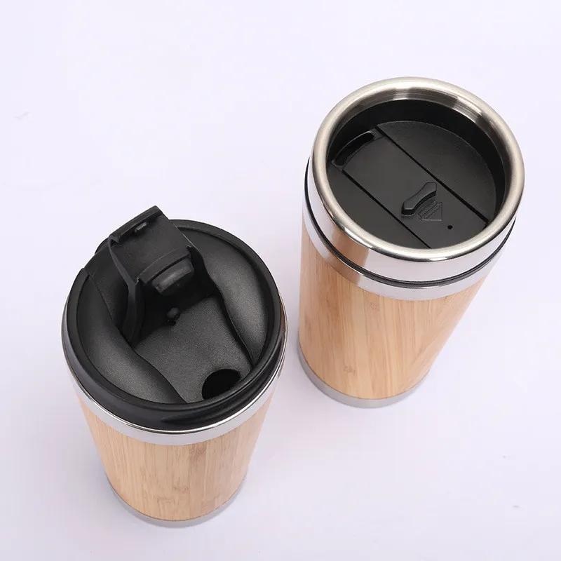 Custom Eco-friendly Double Wall Stainless Steel Bamboo Shell Coffee Cup With Lid And Handle Water Cup