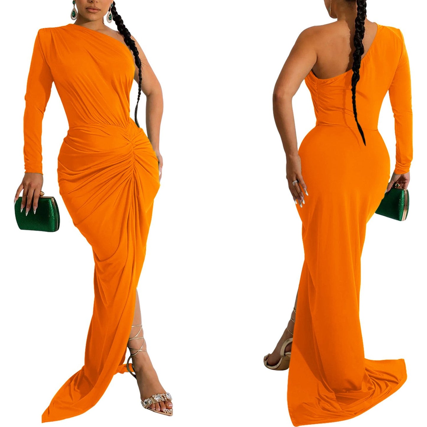 X6042 New Ladies Evening Dress Dress Elegant Solid Color Oblique Collar One Piece Long Sleeve Dress Ladies Party Dress
