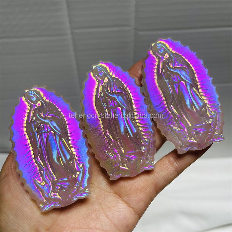 Wholesale Halo Pink Crystal Carved Virgin Mary Plated Rose Quartz Carved Santa Maria Gift