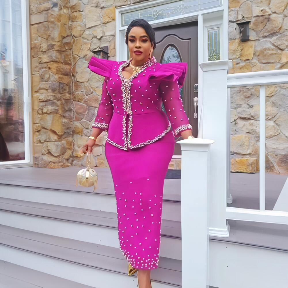 Luxury African Clothing Mesh Long Sleeve Dress Suit African Beaded Dress Elegant Turkish African Women's Clothing