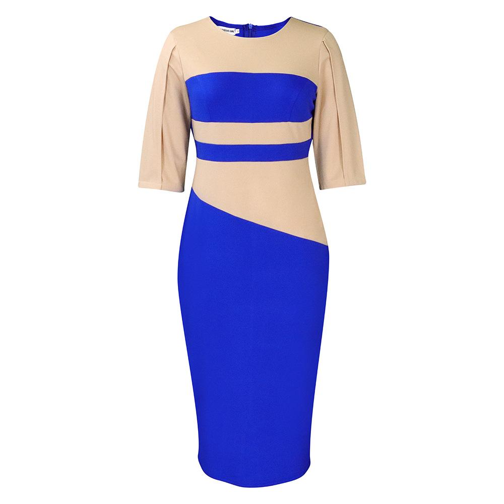 C230240 African Contrast Color Dress Plus Size Half Sleeve Pencil Formal Midi Dress Office Women