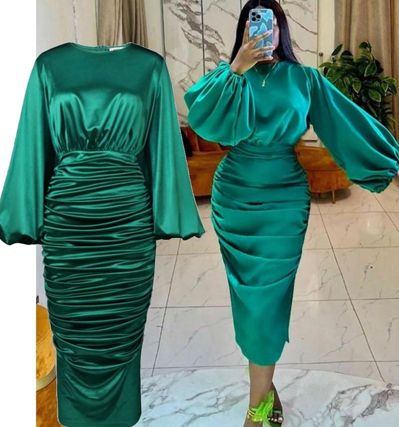 Y307044 Pleated Green Satin Dress Long Puff Sleeve High Waist Soft Midi Banquet Party Plus Size Women's Clothing