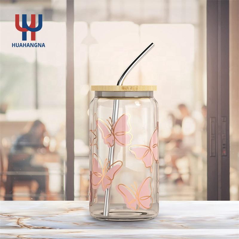 UV Printing 16 Oz 20 Oz 25 Oz Soda Beer Can Shaped Glass Juice Milk Drinking Glass With Bamboo Lid And Straw For Christmas