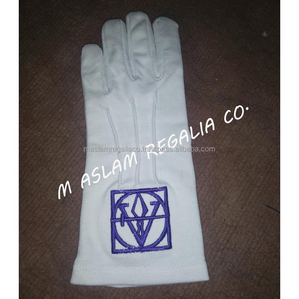 Royal Blue Square & Compasses Machine Embroidered Masonic White Cotton Gloves