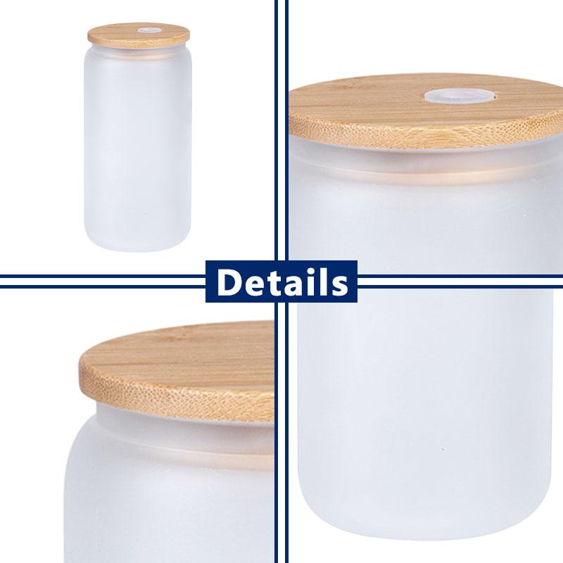 China USA Warehouse 16 Oz Clear Frosted Sublimation Blank Glass Mason Can Beer Can Bamboo Lid Glass Cup