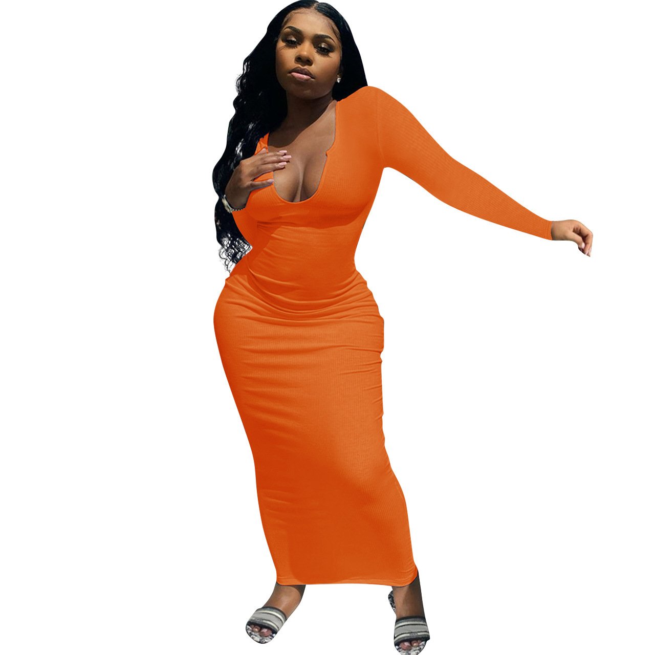 Wholesale Women's Deep V-neck Slim-fit Sexy Long Sleeve Dress Women's Summer Clothes Women's Casual Dress