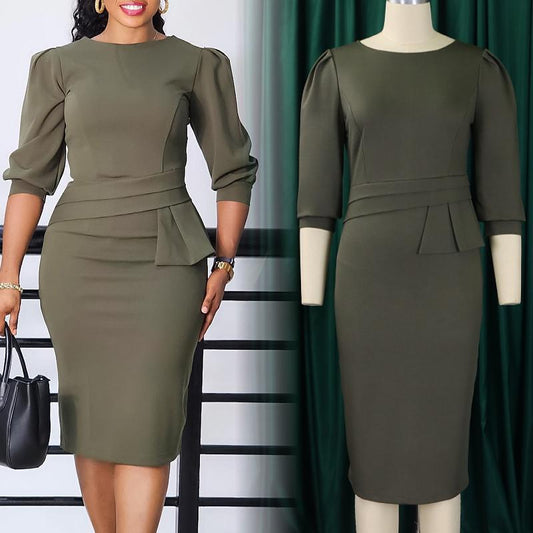 New Women's Elegant Women's O-Collar Pleated Fashion OL Tongle Pencil Skirt Office Dress