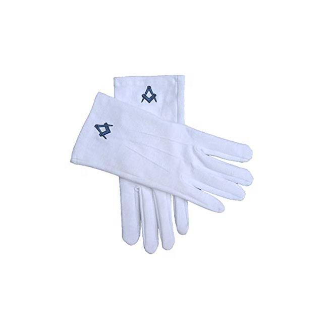 Royal Blue Square & Compasses Machine Embroidered Masonic White Cotton Gloves