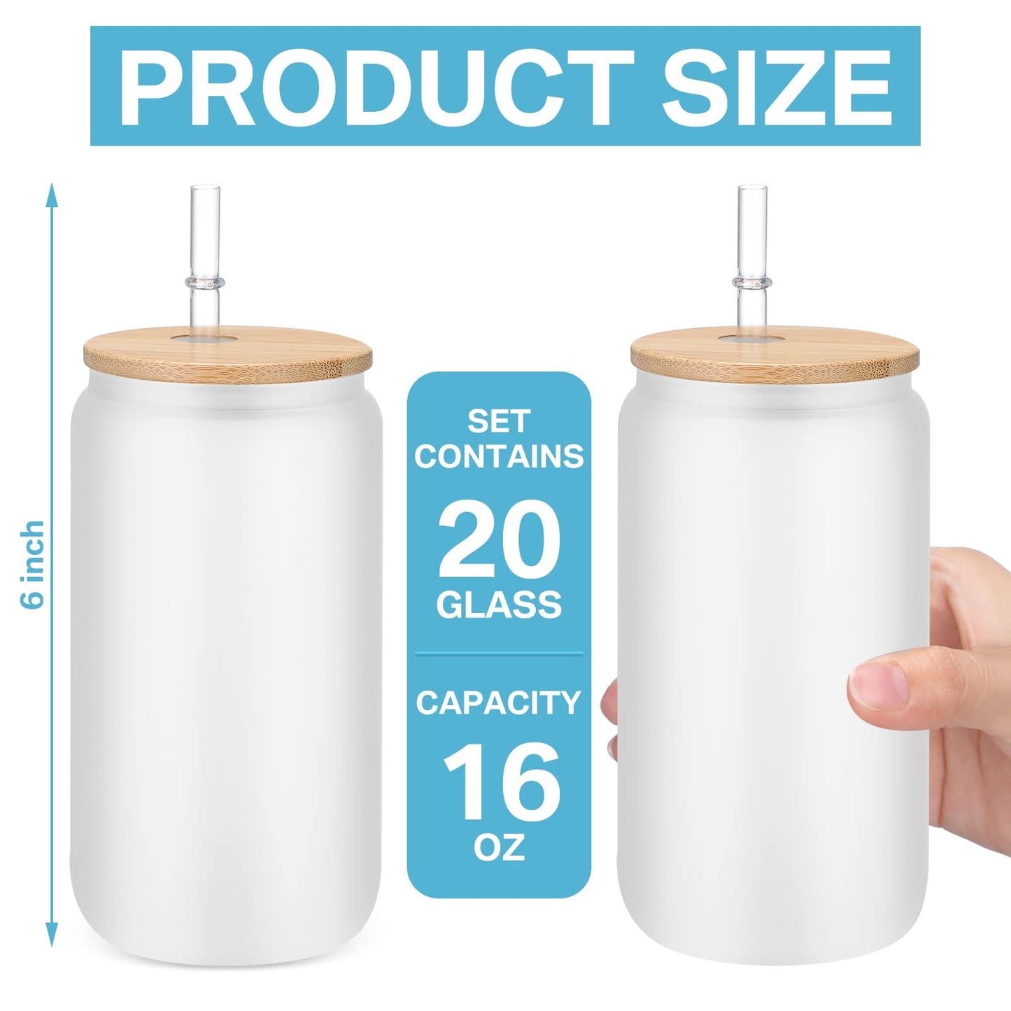 Custom Logo Eco-friendly 16 Oz 20 Oz Sublimation Blank Frosted Clear Beer Coffee Glass Jar Tumbler With Bamboo Lid And Straw