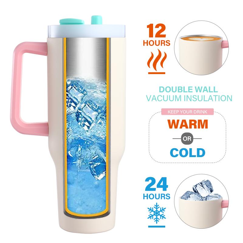 Custom Logo 40 Oz Cup Tumbler Stainless Steel Outdoor Travel Mug With Handle And Straw