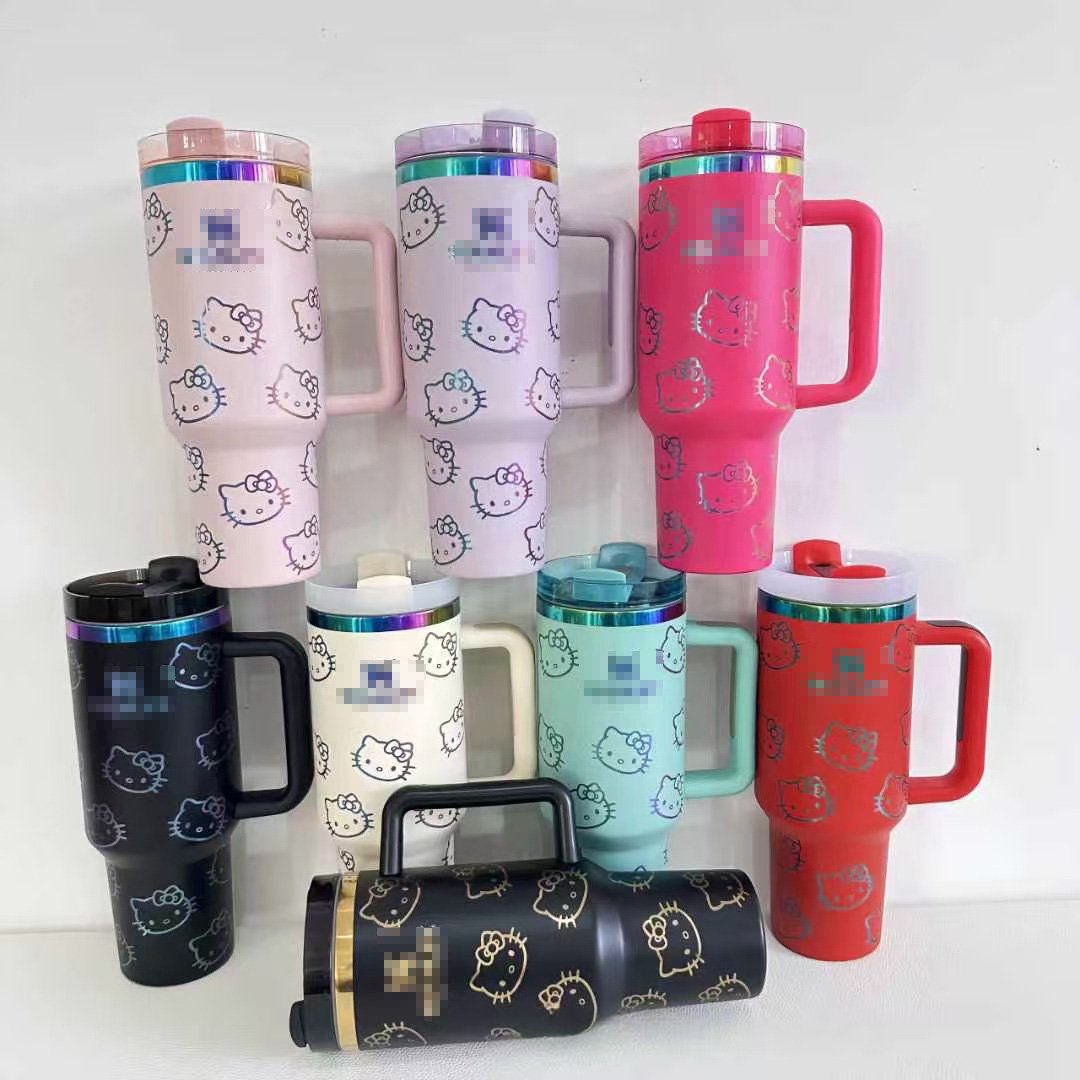 40 Oz KT Cat Print Tumbler Cartoon Water Cup Straw 304 Stainless Steel Double Wall Vacuum Insulated Logo Coffee Travel