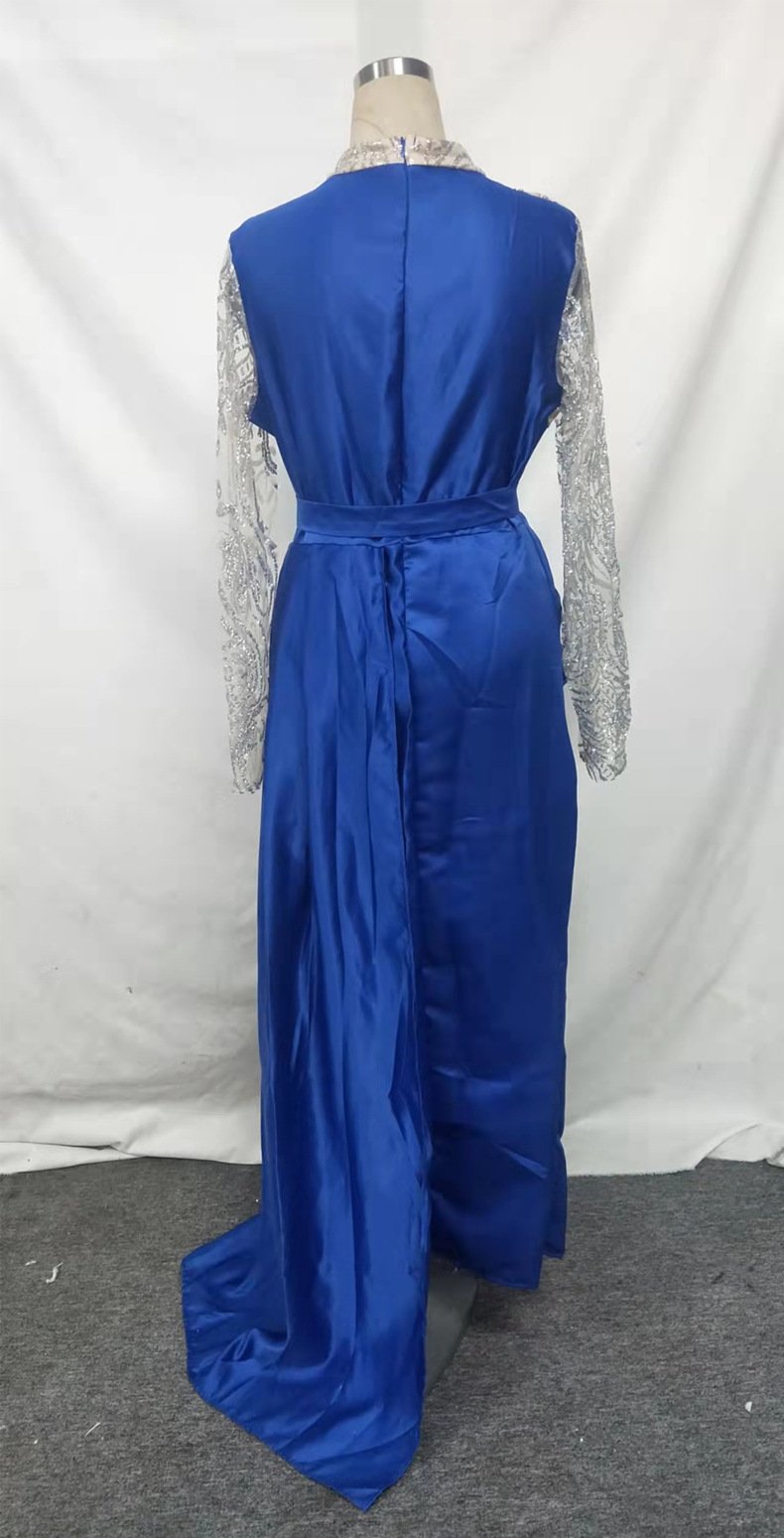 Valentine's Day 2024 Queen Dress Women Fashion Sexy Dress Blue Splash Gold Split Mosaic Half-turtleneck Evening Gown Abito Da Sera